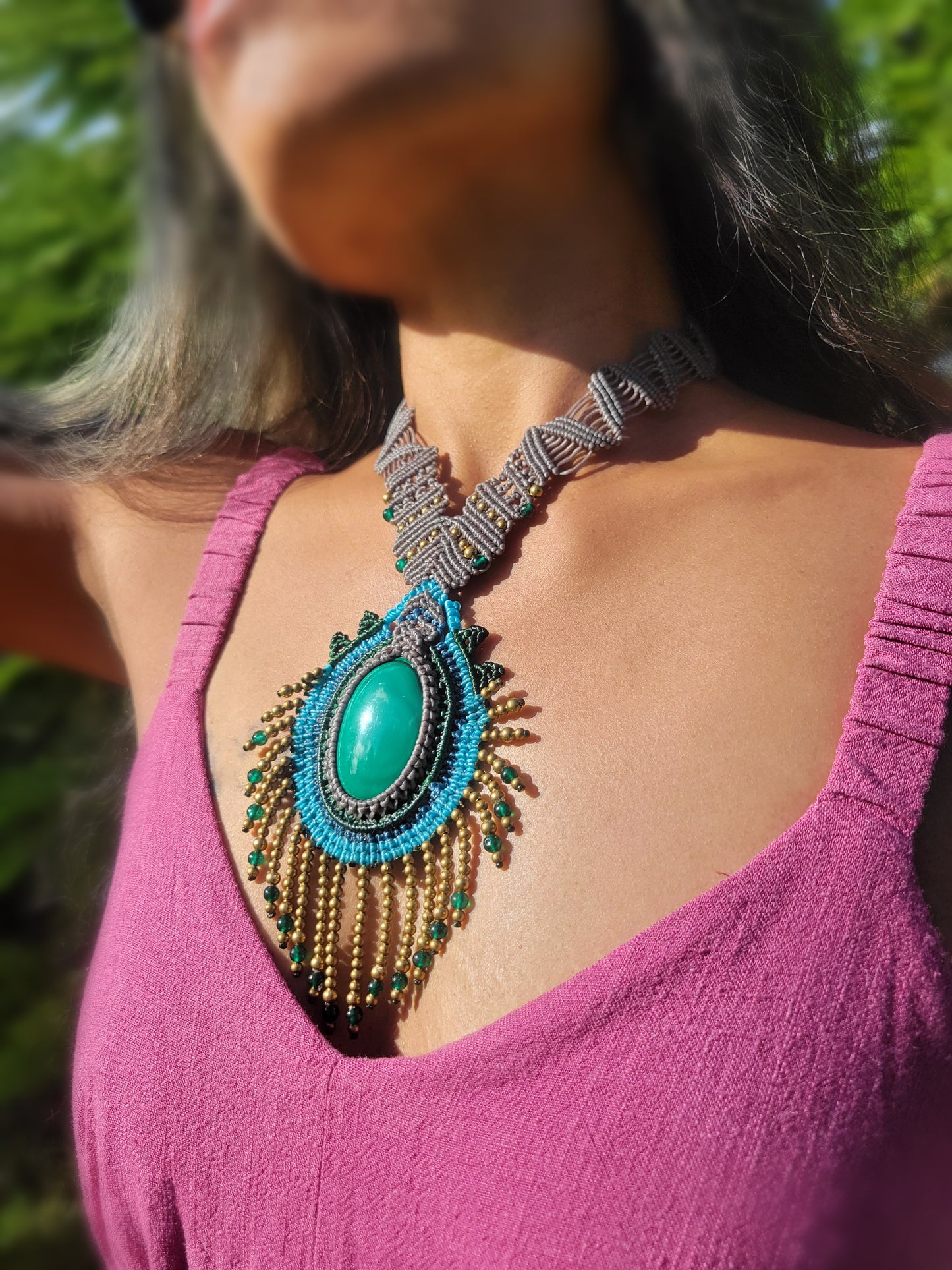 Malachite Peacock Eye Necklace – Ornate Macramé Choker with Brass, Onyx & Agate Beads
