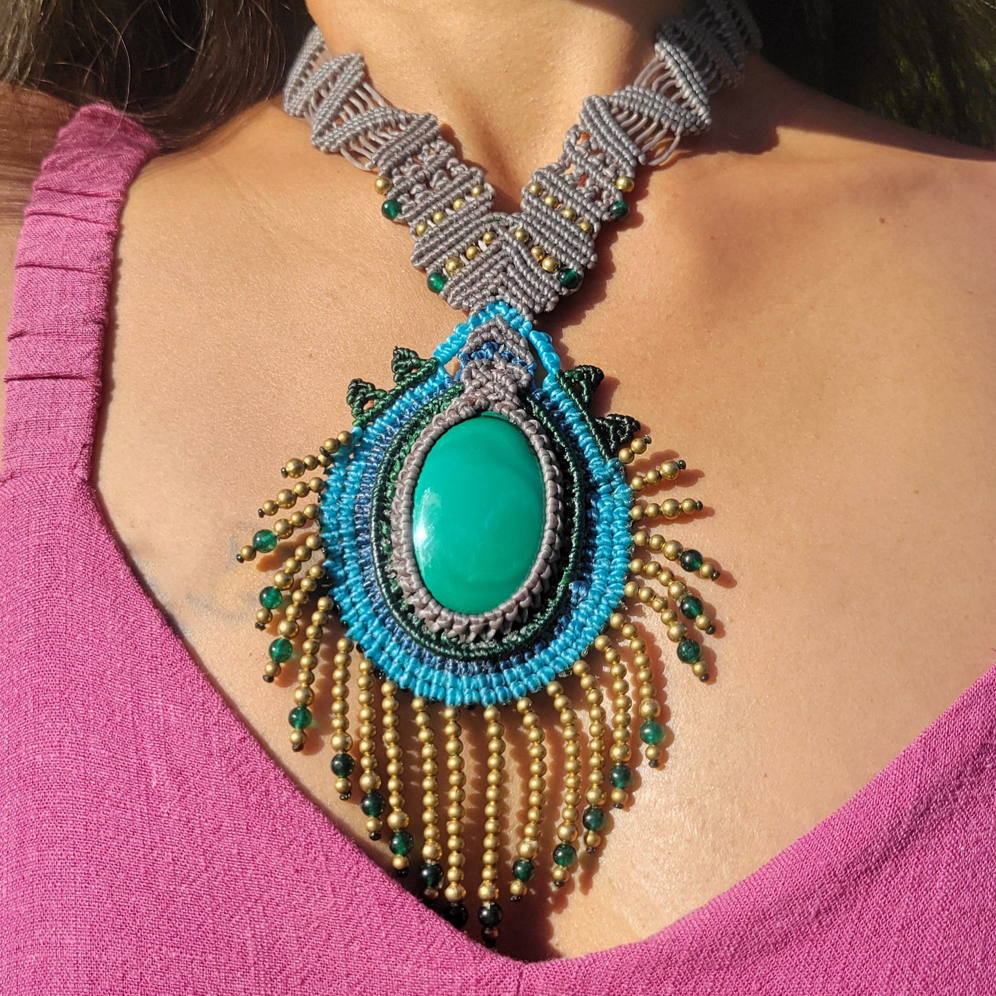 Malachite stone pendant with green agate and oynx beads
