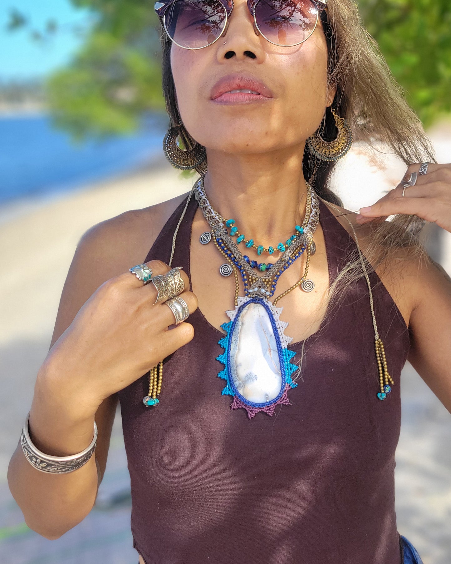 Dendritic Opal Pendant Choker Necklace – Multistranded Design with Turquoise, Jasper & Brass Beads