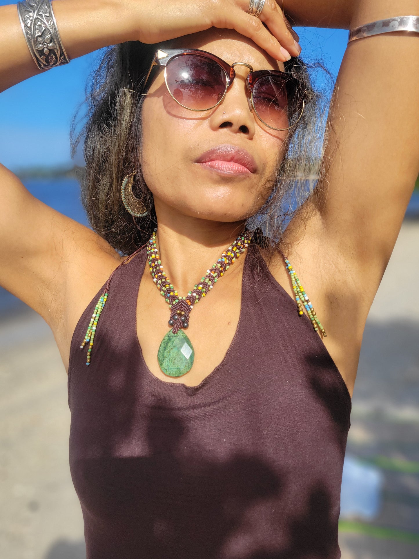 Green Kambaba Jasper Teardrop Pendant Necklace – Antique & Hematite Beads on Brown Macrame Cord