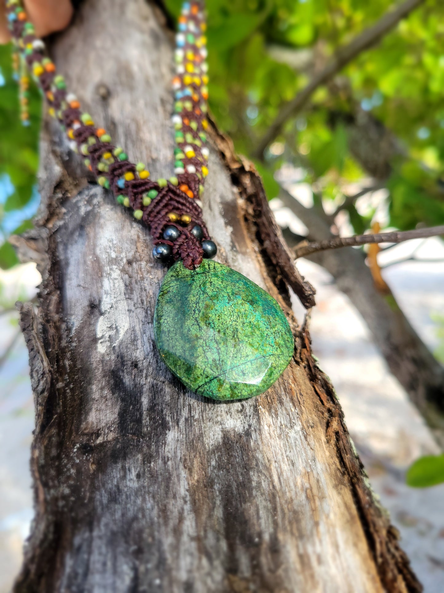 Green Kambaba Jasper Teardrop Pendant Necklace – Antique & Hematite Beads on Brown Macrame Cord
