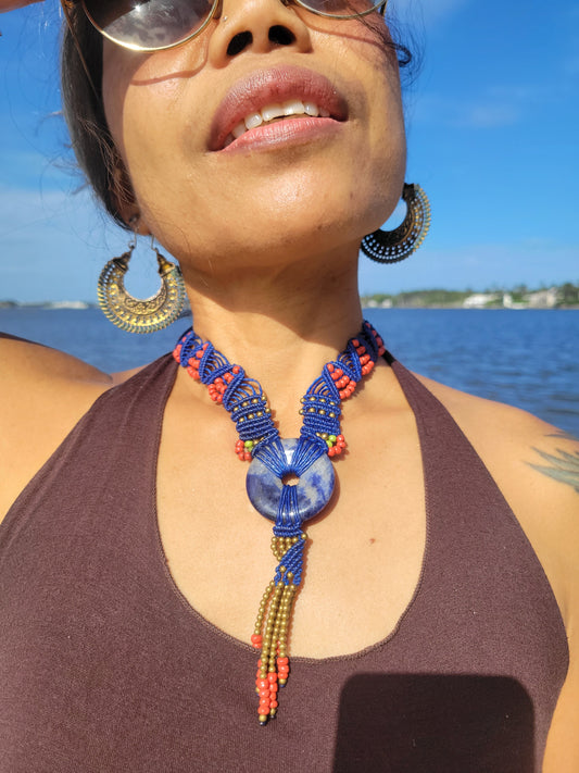 Sodalite Ring Pendant Necklace with Brass and Red Coral Beads – Micromacrame Design