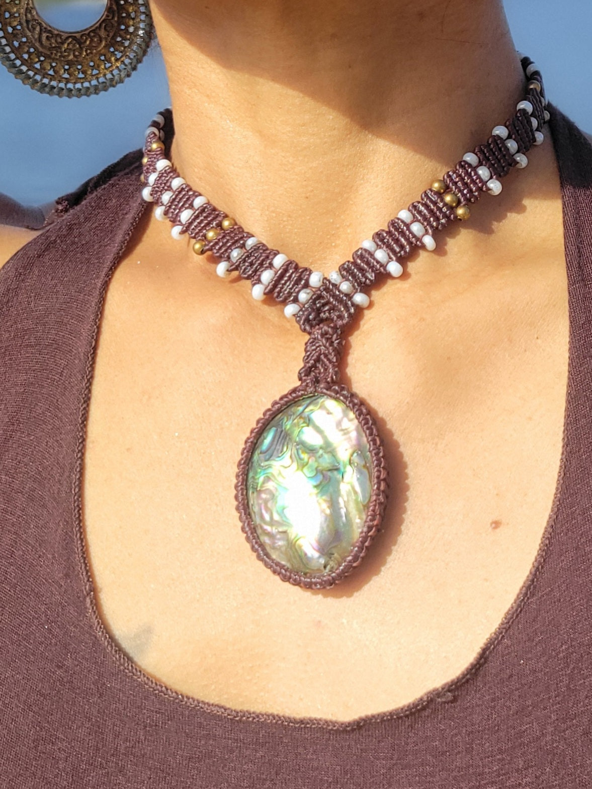 Mother of Pearl Pendant Macramé Necklace with Glass and Brass Beads