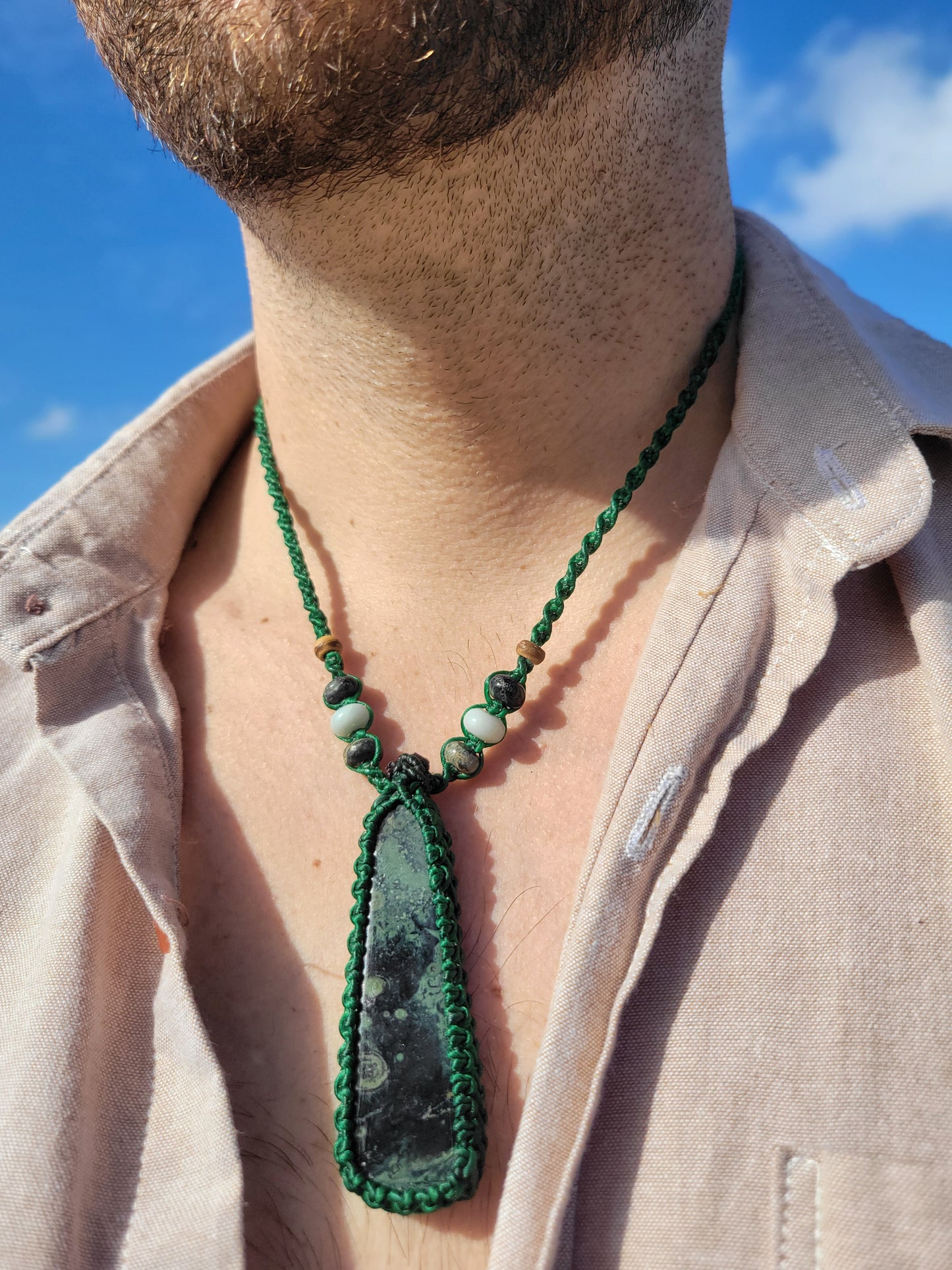 Men's Kambaba Jasper Pendant Necklace – Cosmic-Inspired with Micro-Macrame