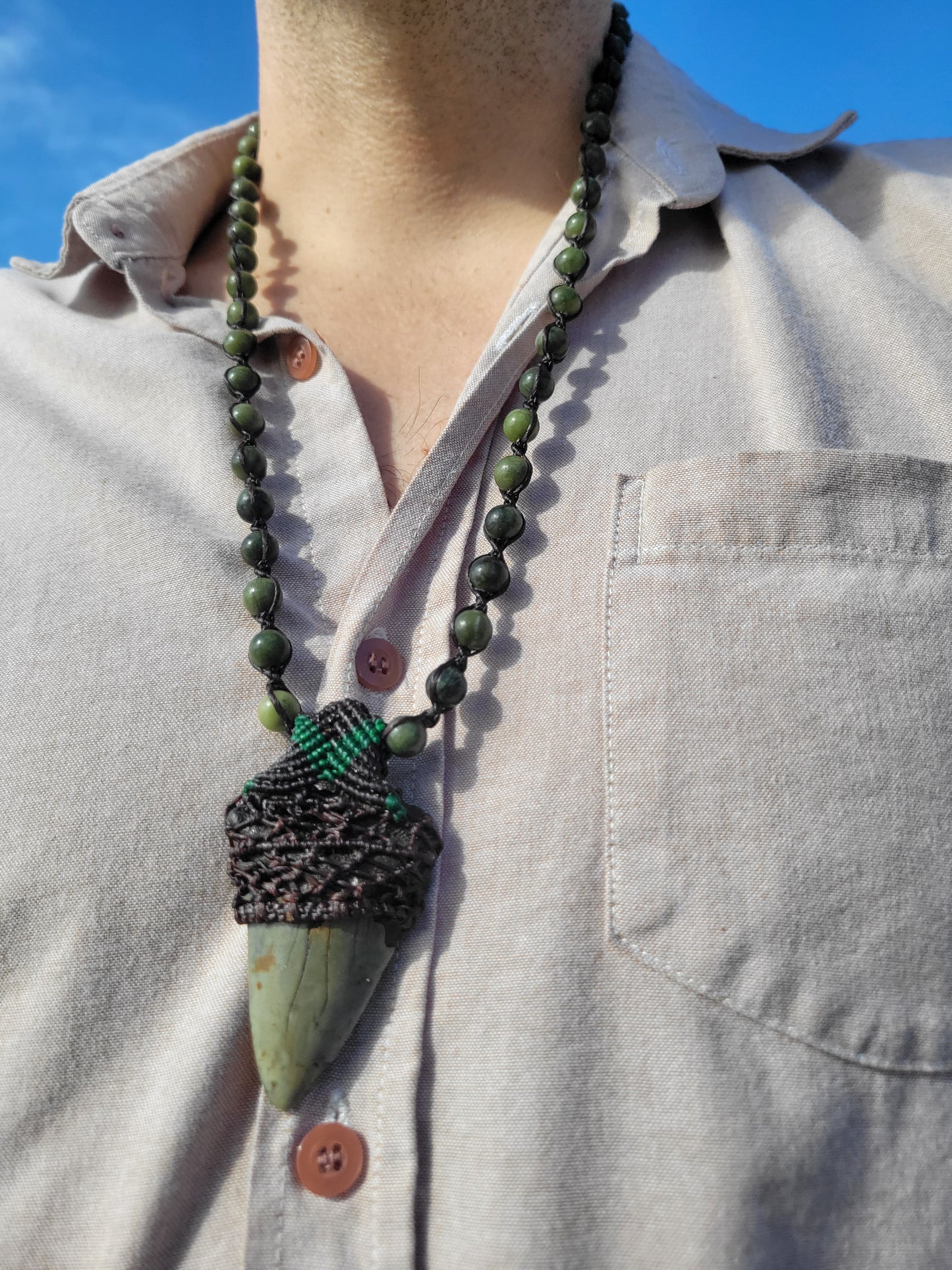 Fossilized Shark Tooth Necklace for Men – Black & Green Cord Wrap with Kambaba Jasper Beads