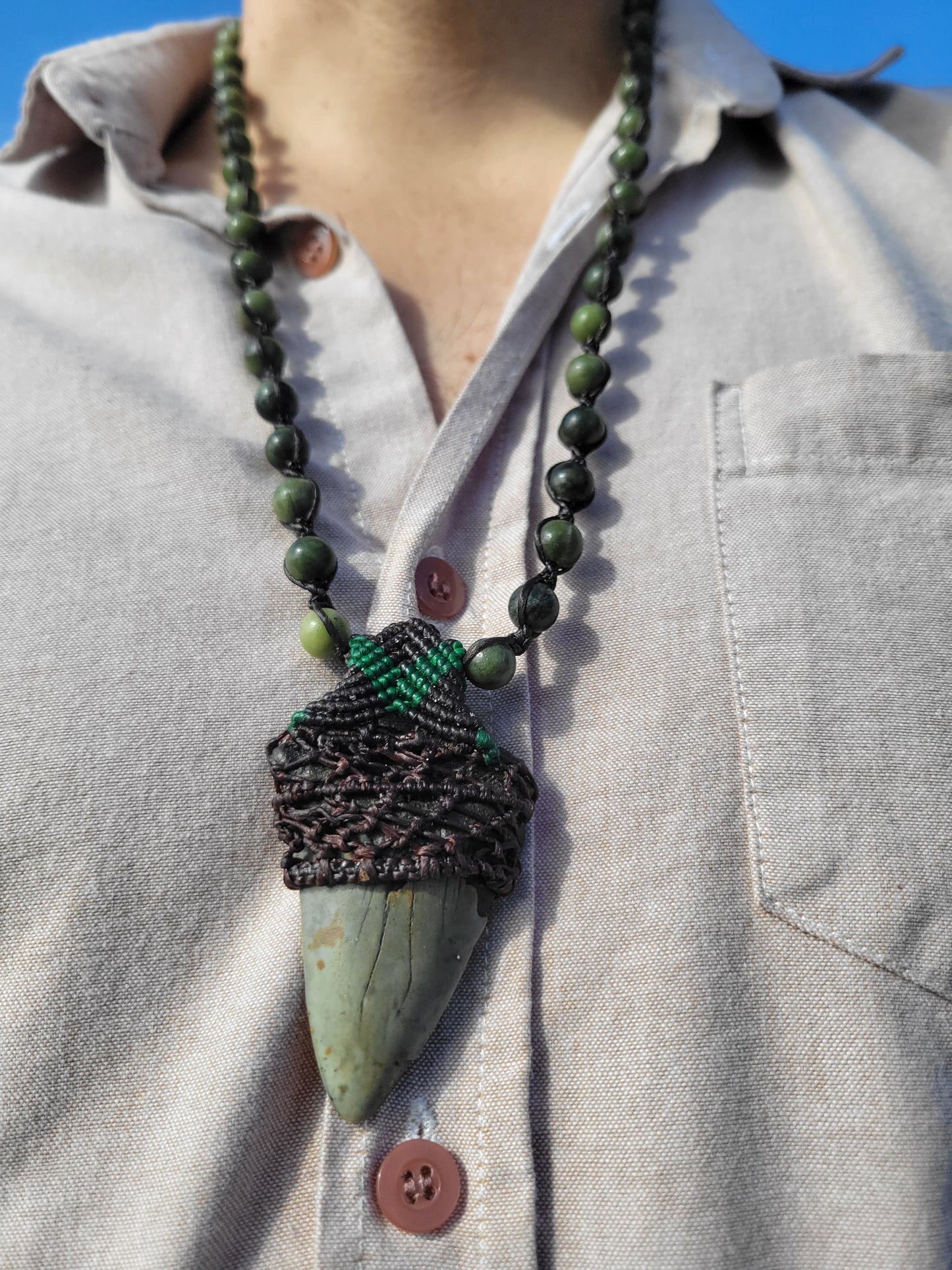Fossilized Shark Tooth Necklace for Men – Black & Green Cord Wrap with Kambaba Jasper Beads