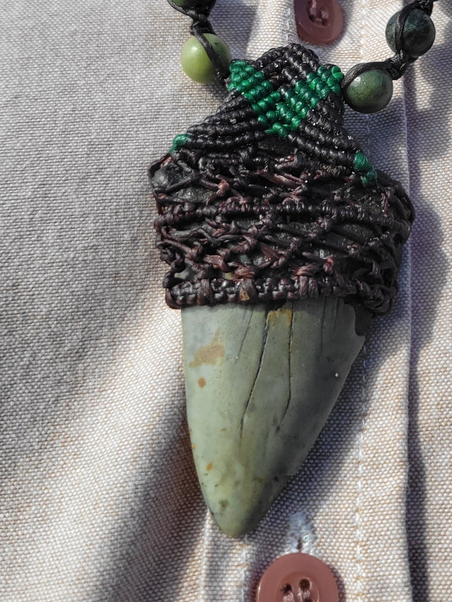 Fossilized Shark Tooth Necklace for Men – Black & Green Cord Wrap with Kambaba Jasper Beads