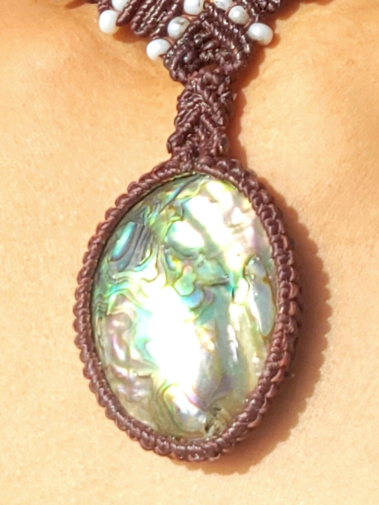 Mother of Pearl Pendant Macramé Necklace with Glass and Brass Beads