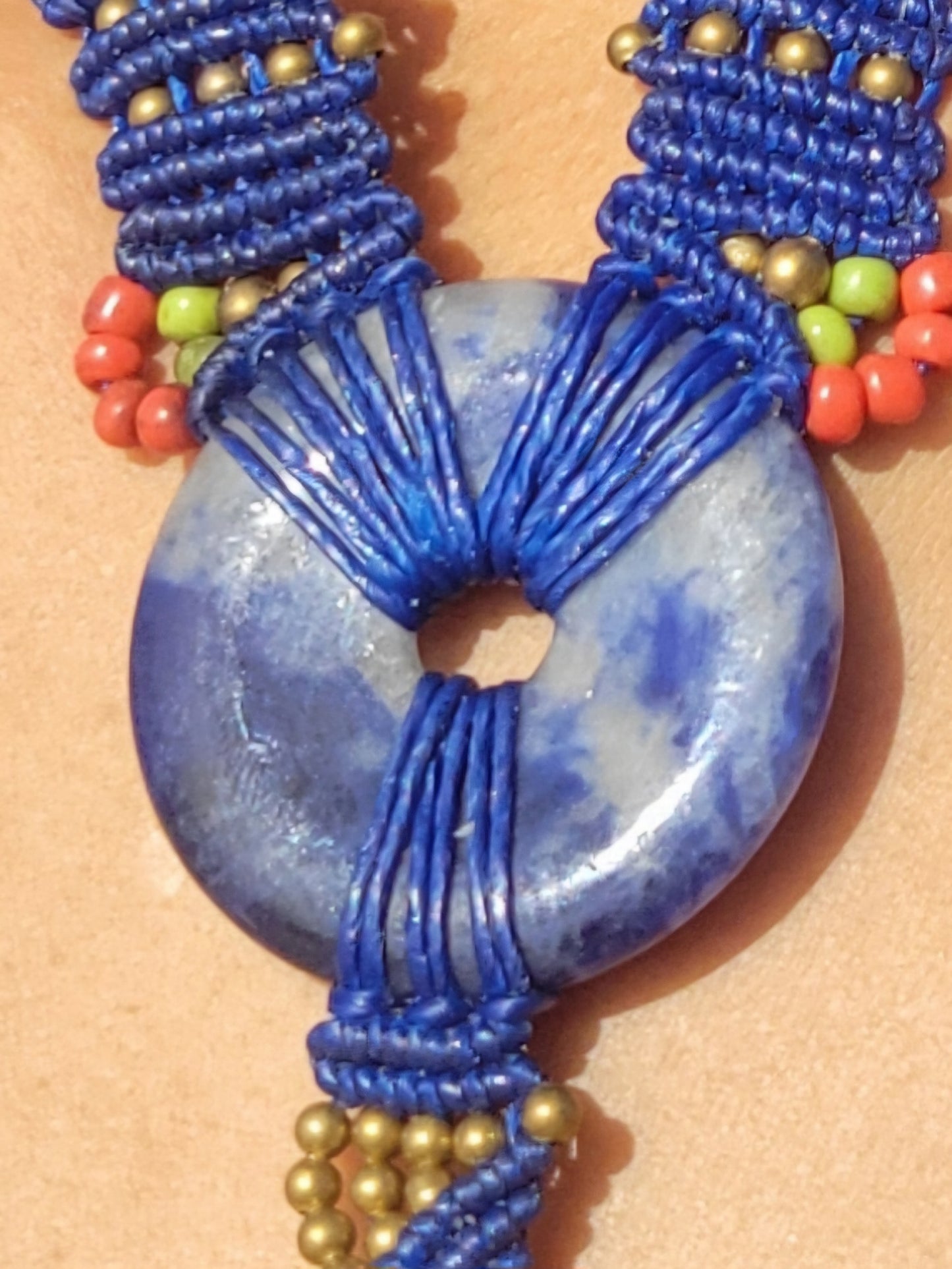 Sodalite Ring Pendant Necklace with Brass and Red Coral Beads – Micromacrame Design