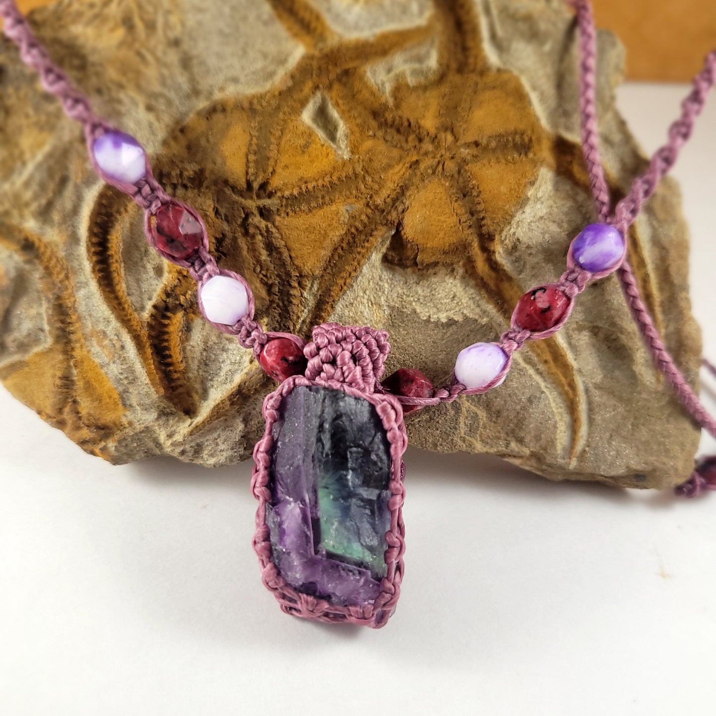 Handcrafted Natural Rainbow Fluorite Pendant Necklace with Amethyst Beads – Adjustable Purple Micromacrame Design (16-23 Inches)