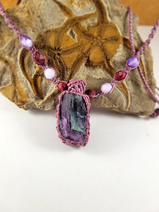 Handcrafted Natural Rainbow Fluorite Pendant Necklace with Amethyst Beads – Adjustable Purple Micromacrame Design (16-23 Inches)