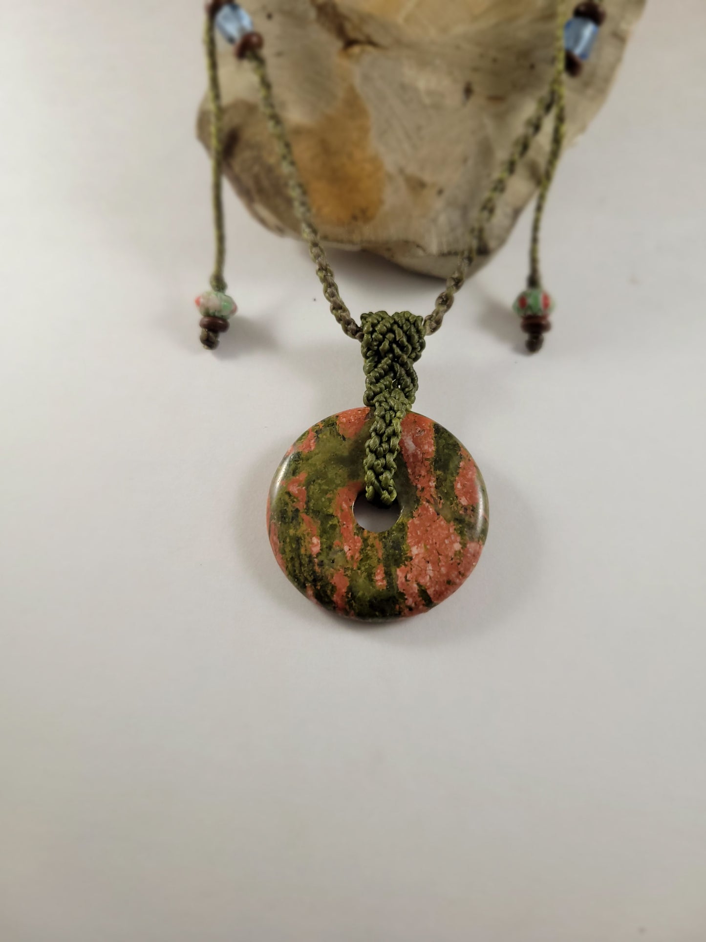 Unakite Ring Pendant Necklace – Green Cord with Glass Beads, Adjustable Micromacrame Choker