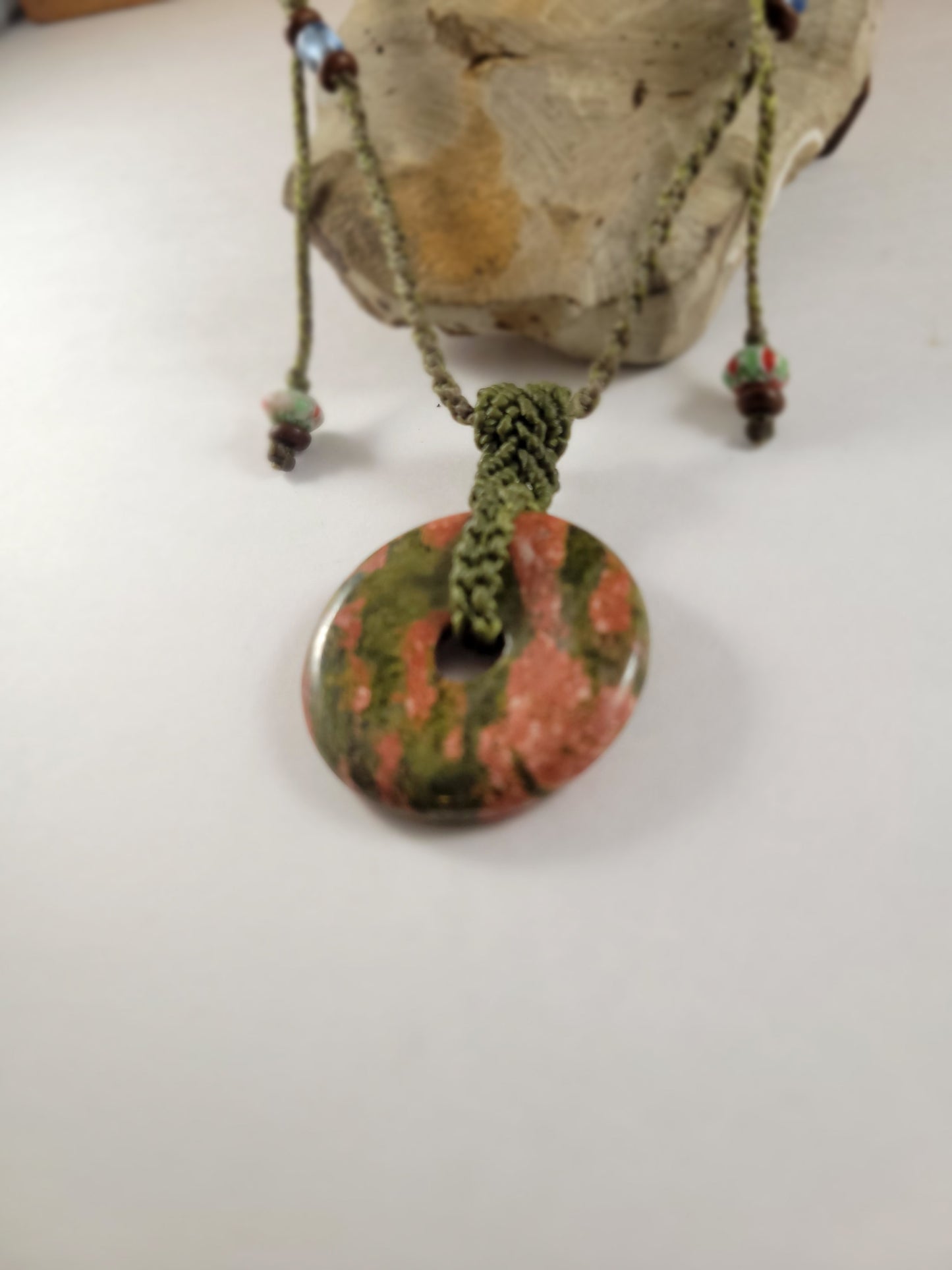 Unakite Ring Pendant Necklace – Green Cord with Glass Beads, Adjustable Micromacrame Choker