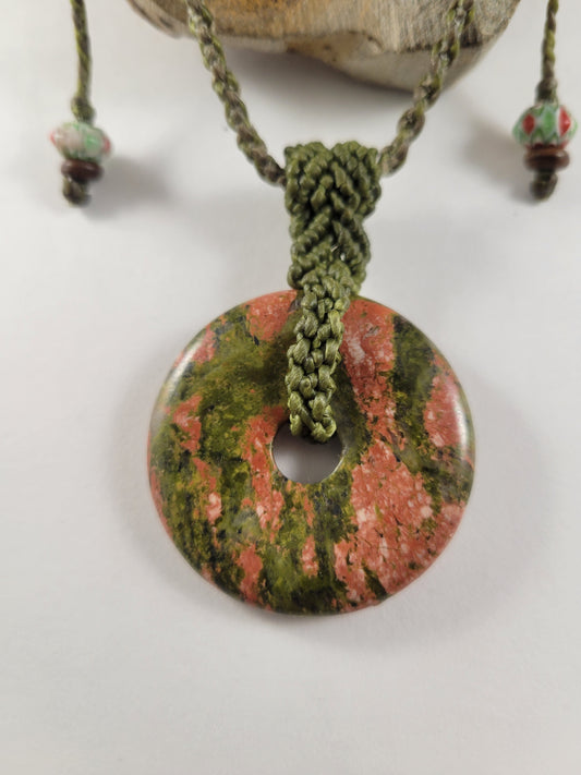 Unakite Ring Pendant Necklace – Green Cord with Glass Beads, Adjustable Micromacrame Choker
