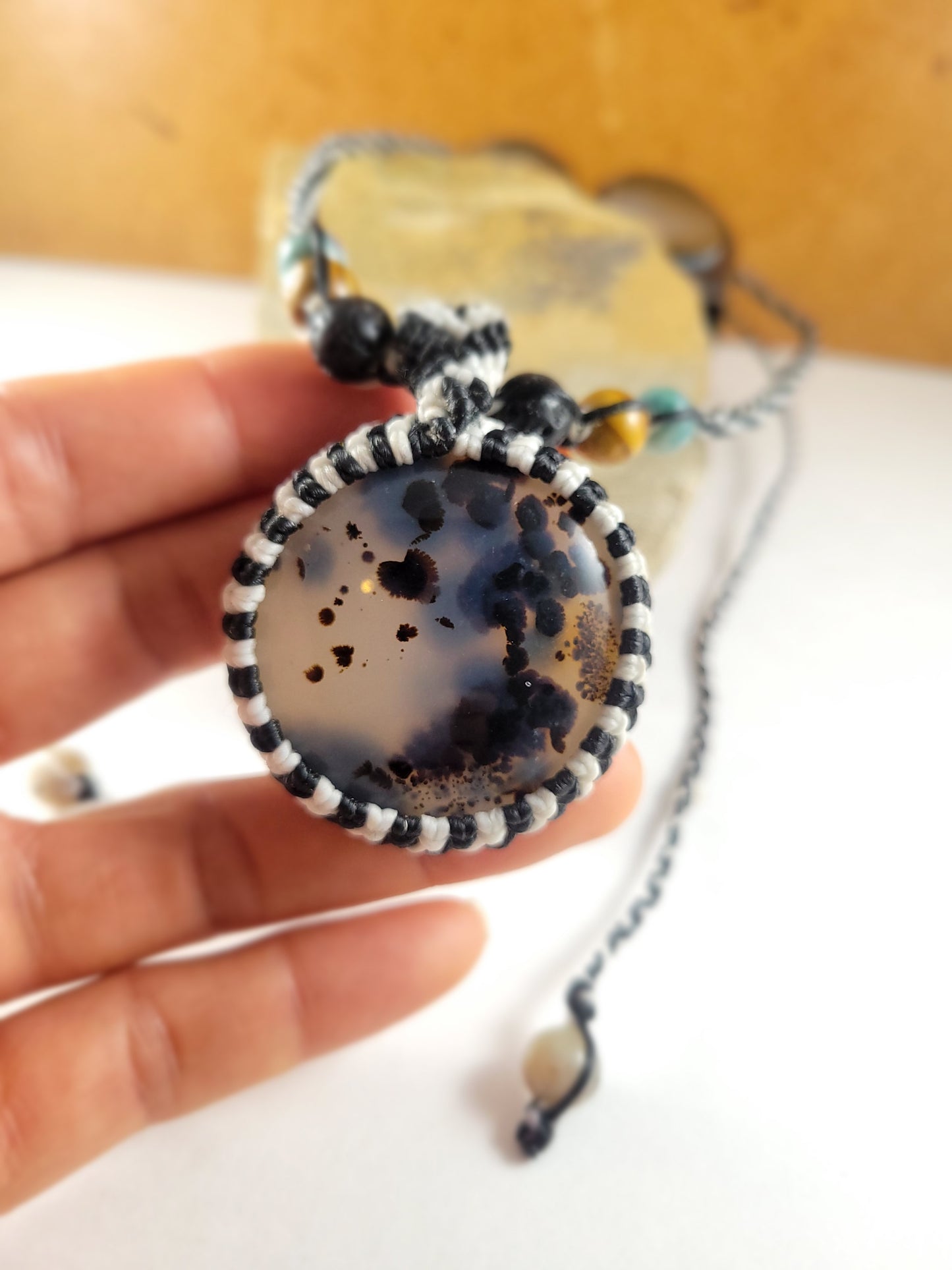 Montana Agate Pendant Necklace with Stone Beads – Adjustable Black and White Micromacrame Design (19-26 Inches)