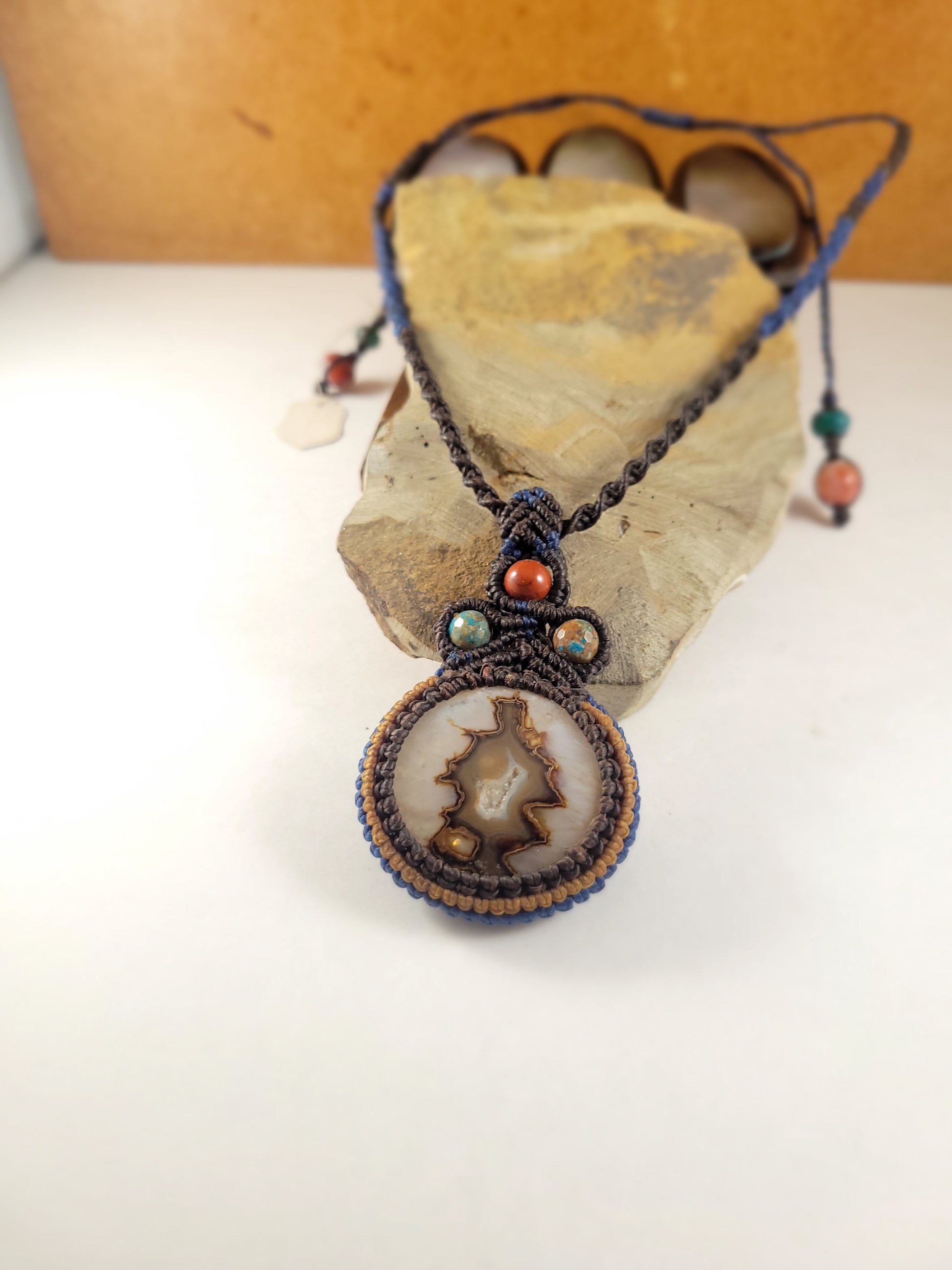 Unisex Botswana Agate Pendant Necklace with micromacrame cord