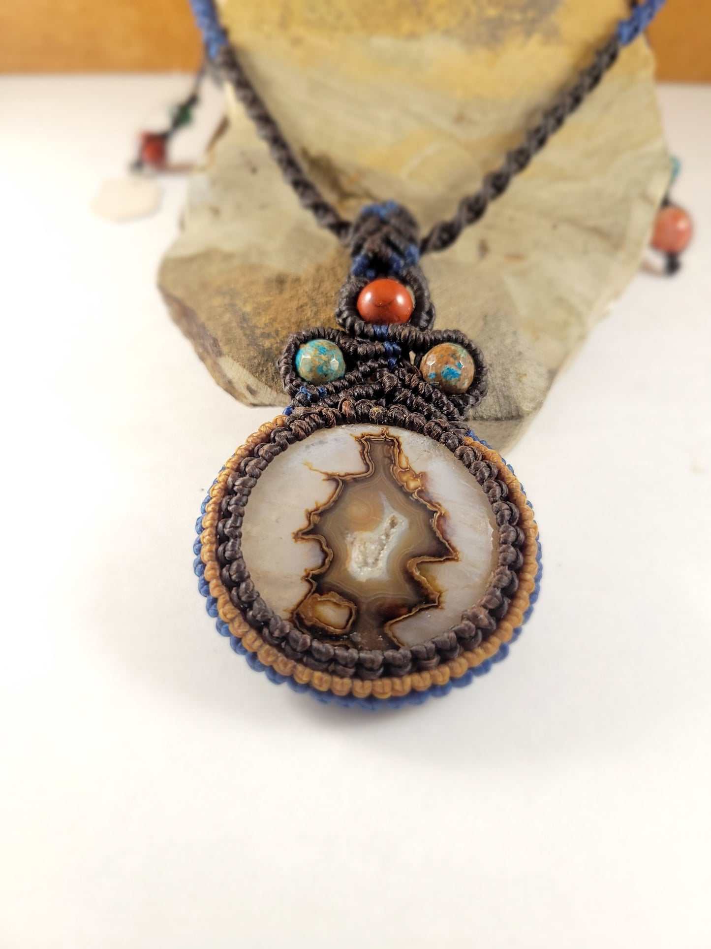 Boho Botswana Agate Pendant Necklace with stone bead accents