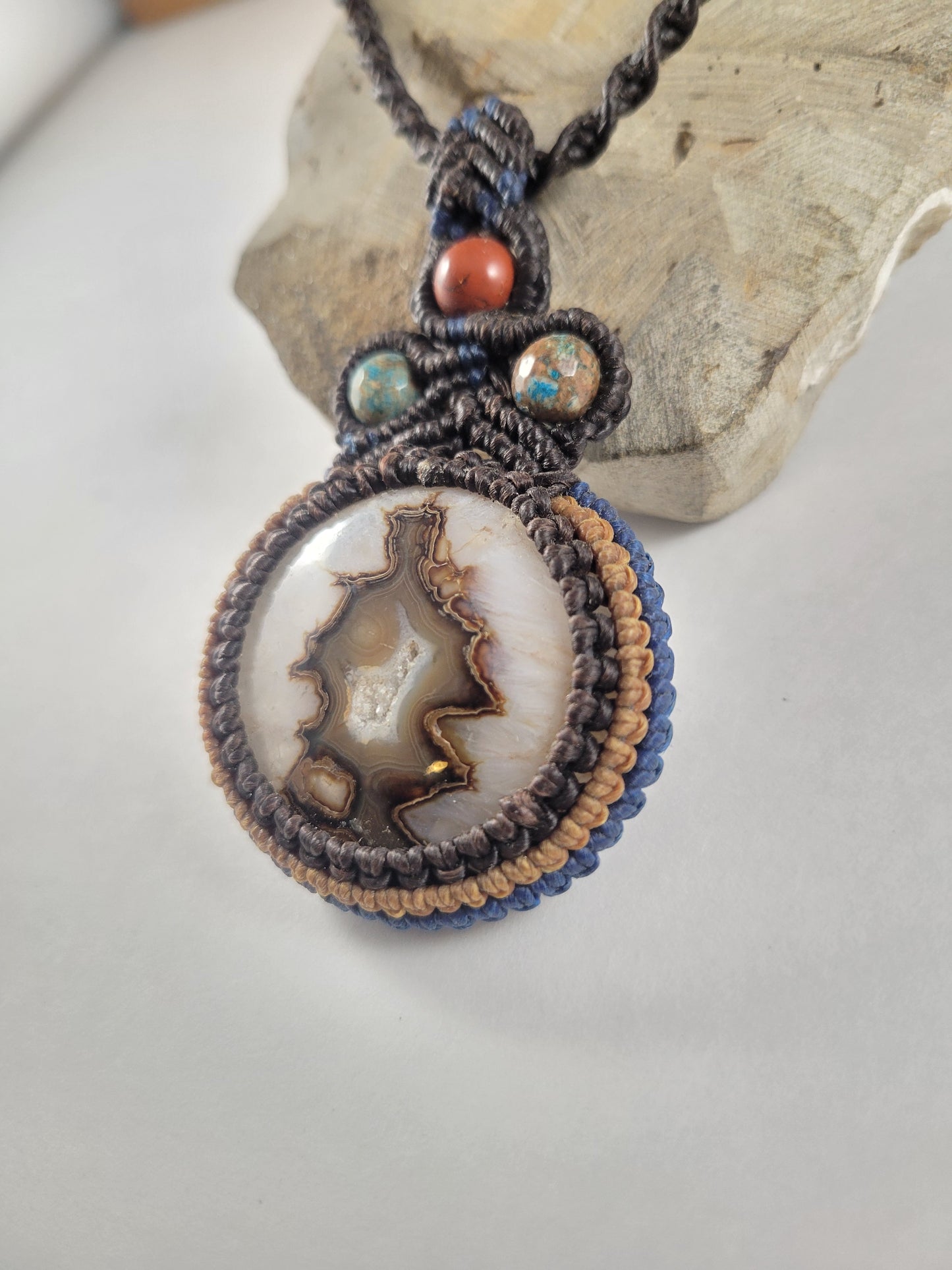 Unisex Botswana Agate Pendant Necklace in dark brown cotton