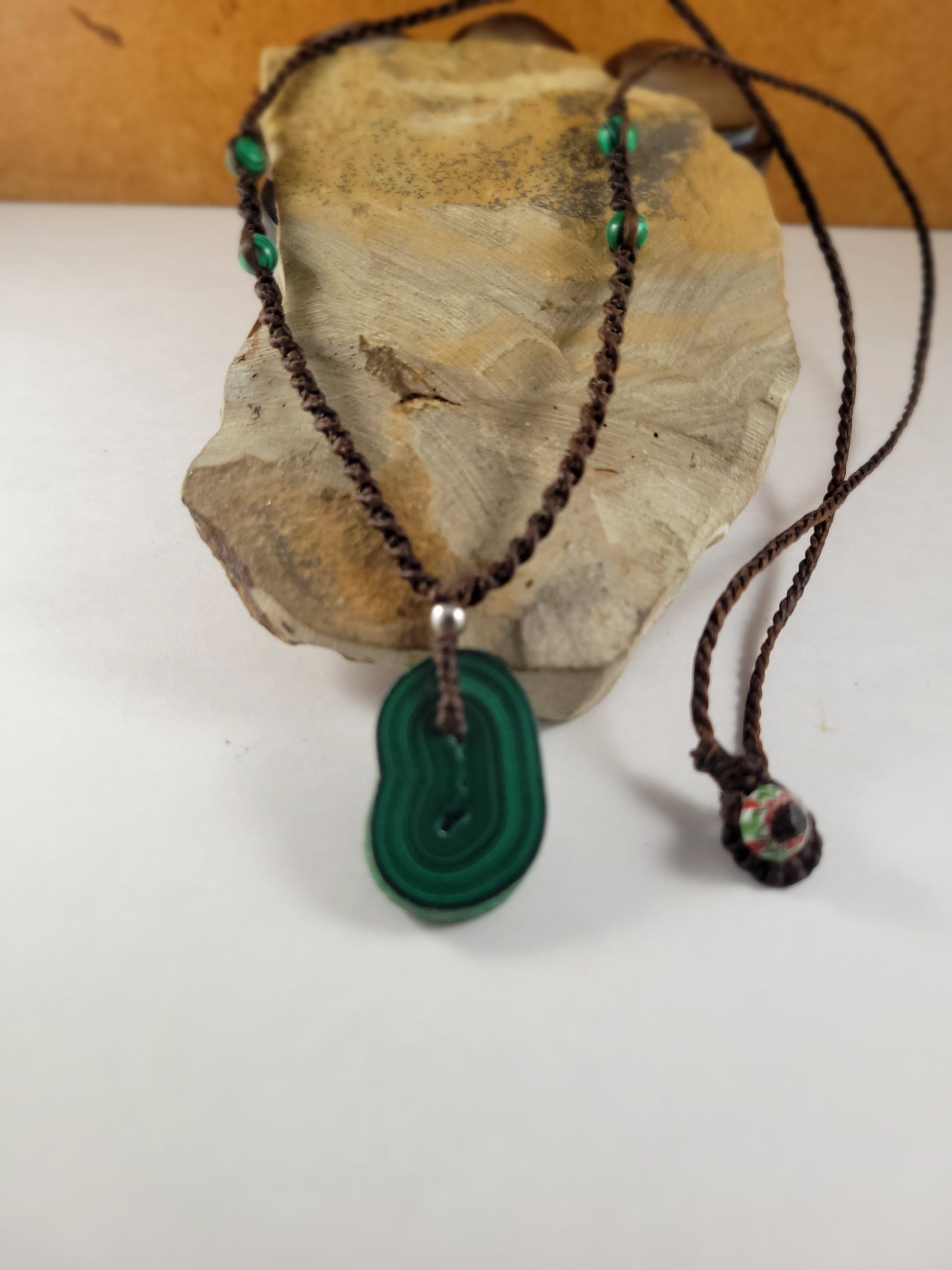 Unisex Malachite Stalactite Pendant Necklace with macrame cord