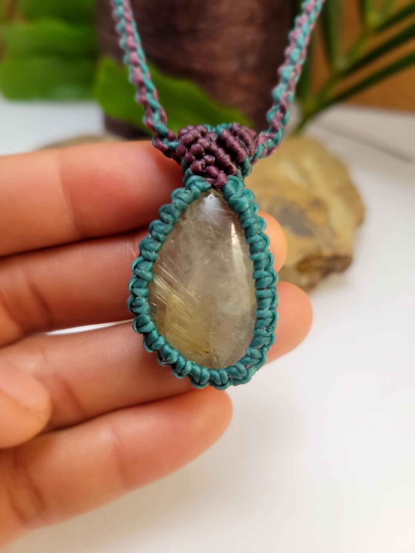 Golden Quartz Pendant Necklace – Teal & Brown Micromacrame with Stone Beads, Adjustable Length