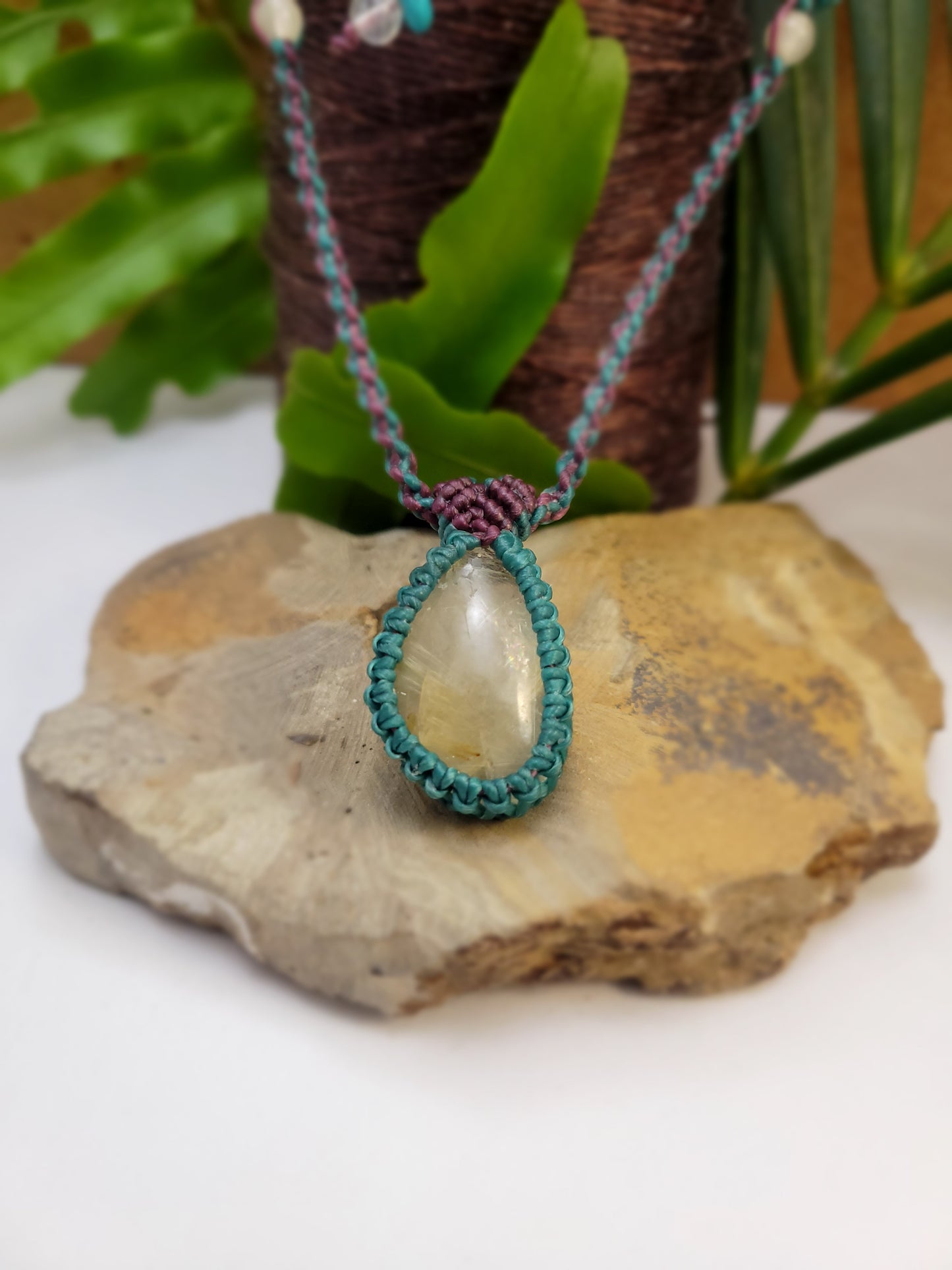 Golden Quartz Pendant Necklace – Teal & Brown Micromacrame with Stone Beads, Adjustable Length