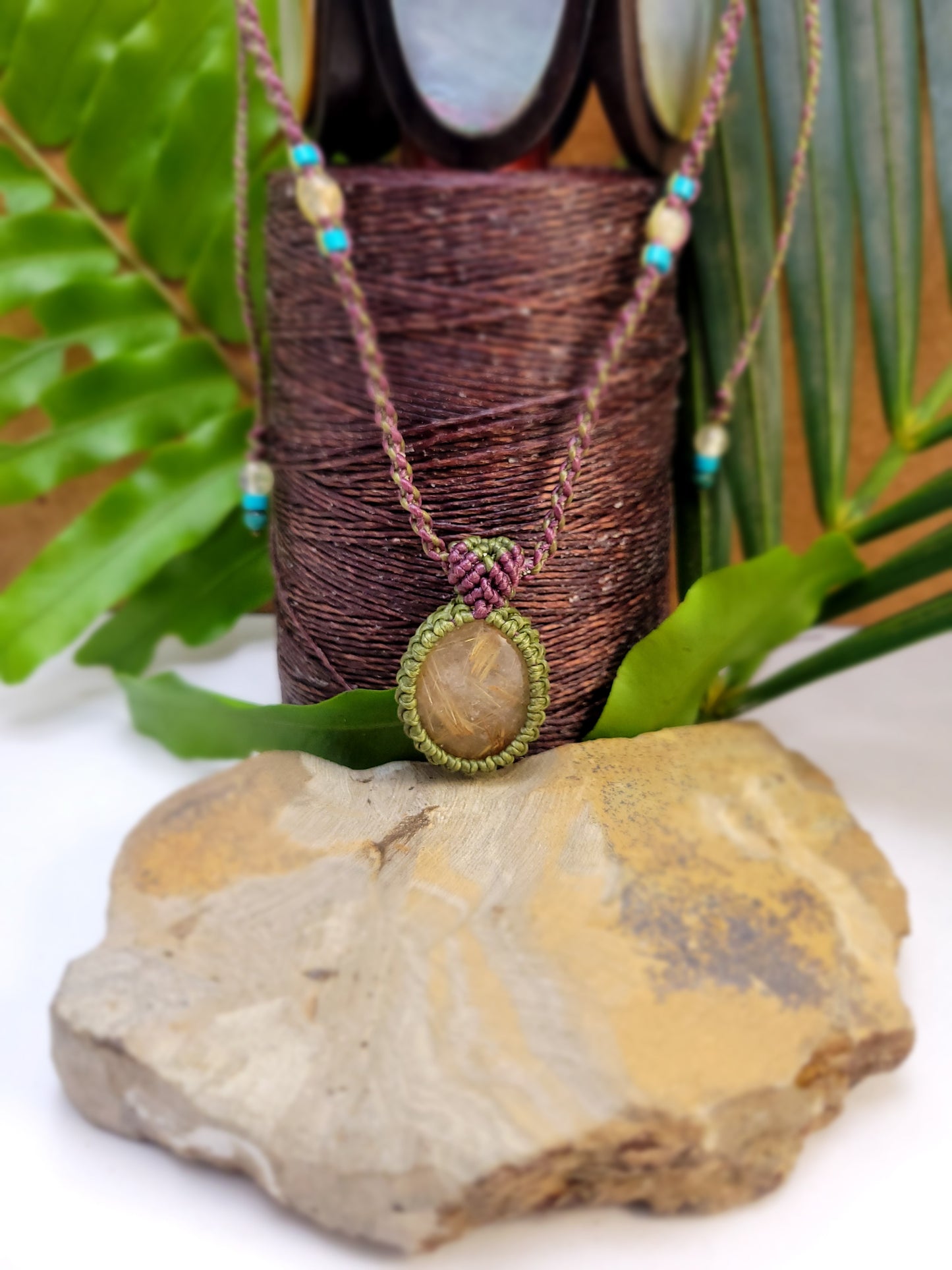 Minimalist Golden Quartz Necklace – Olive Macrame Wrap, Blue Beads & Brown Adjustable Cord
