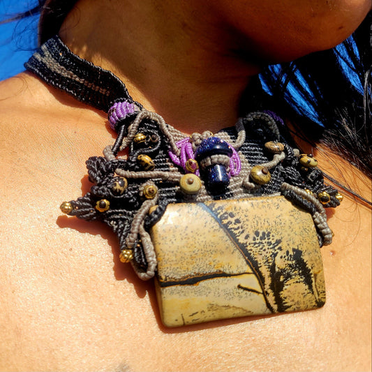 Jasper Pendant featuring large rectangular picture jasper stone with micromacramé choker and mushroom detail.