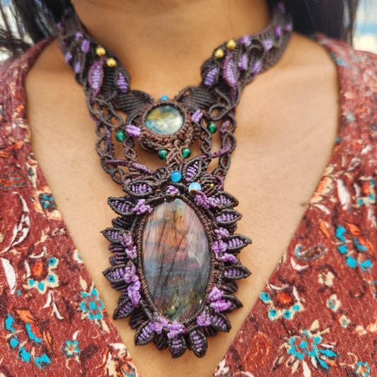 Labradorite Pendant Necklace with intricate micromacramé design and moss agate at throat chakra.