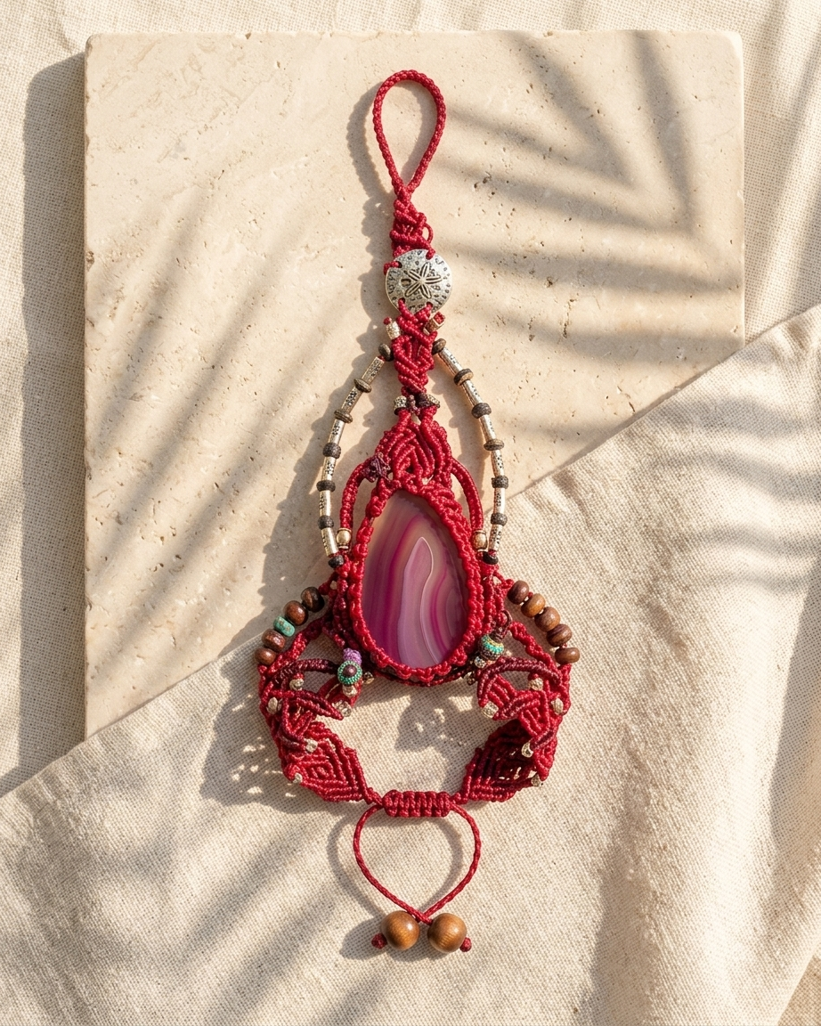 Belly Dancer Bracelet featuring large red agate slice and decorative beads on a neutral background.