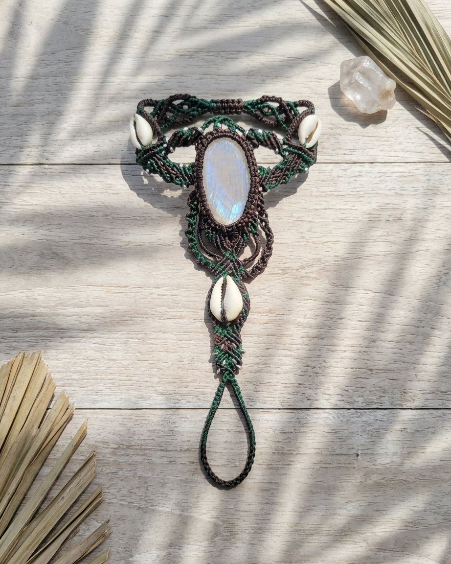 Belly Dancer Bracelet featuring natural agate and cowrie shell accents in a boho design on wooden background.
