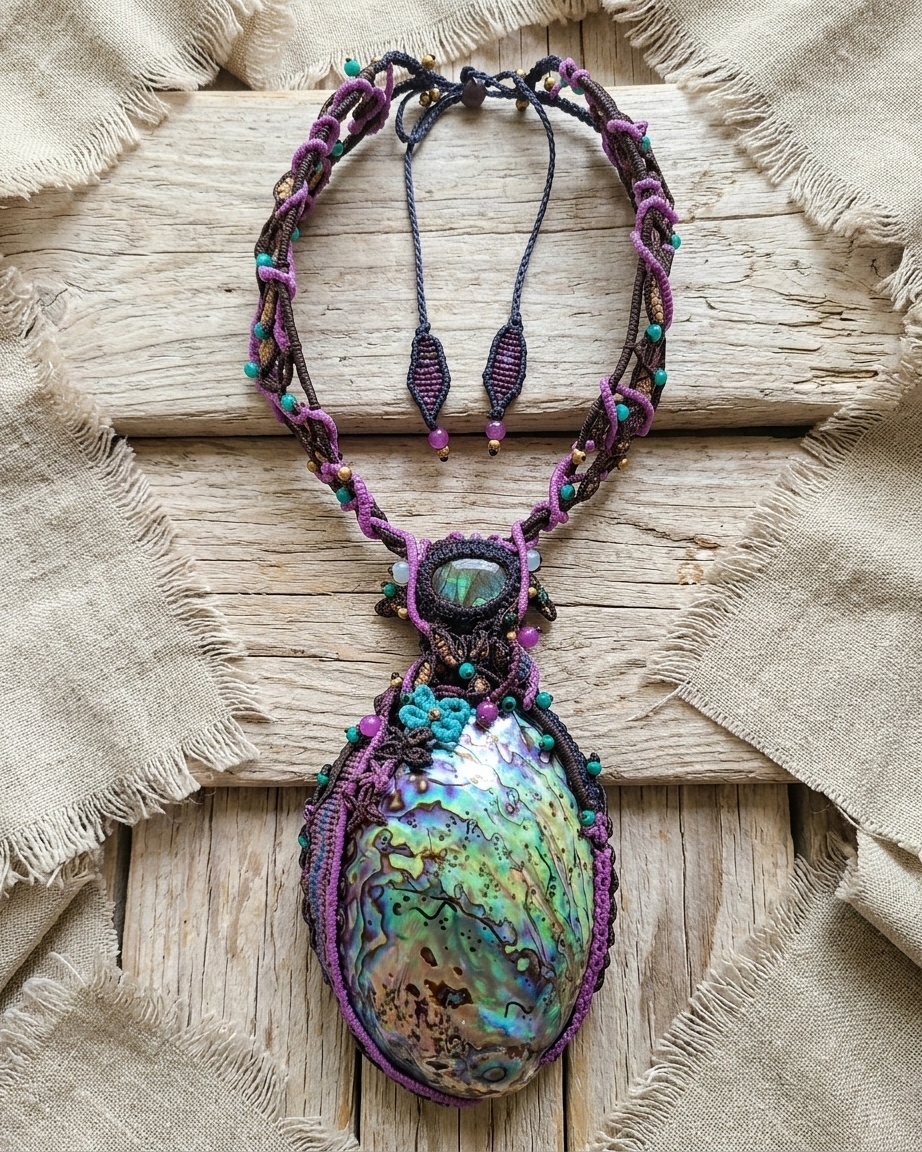 Ocean Necklace – The Siren’s Midnight Garden with large abalone shell and intricate micromacramé design.