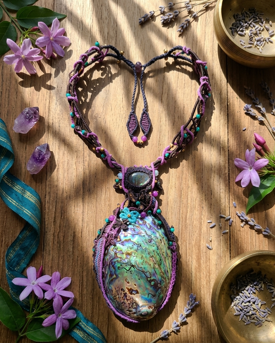 Ocean Necklace featuring a large Australian abalone shell with labradorite, intricate micromacramé, and floral accents.