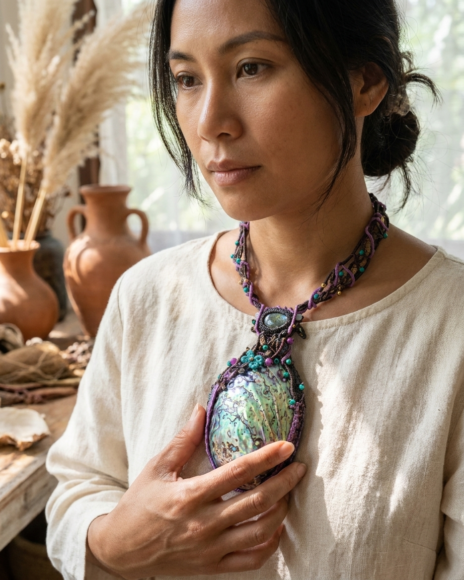 Ocean Necklace – The Siren’s Midnight Garden worn by a woman, featuring natural Australian abalone shell and intricate micromacramé design.