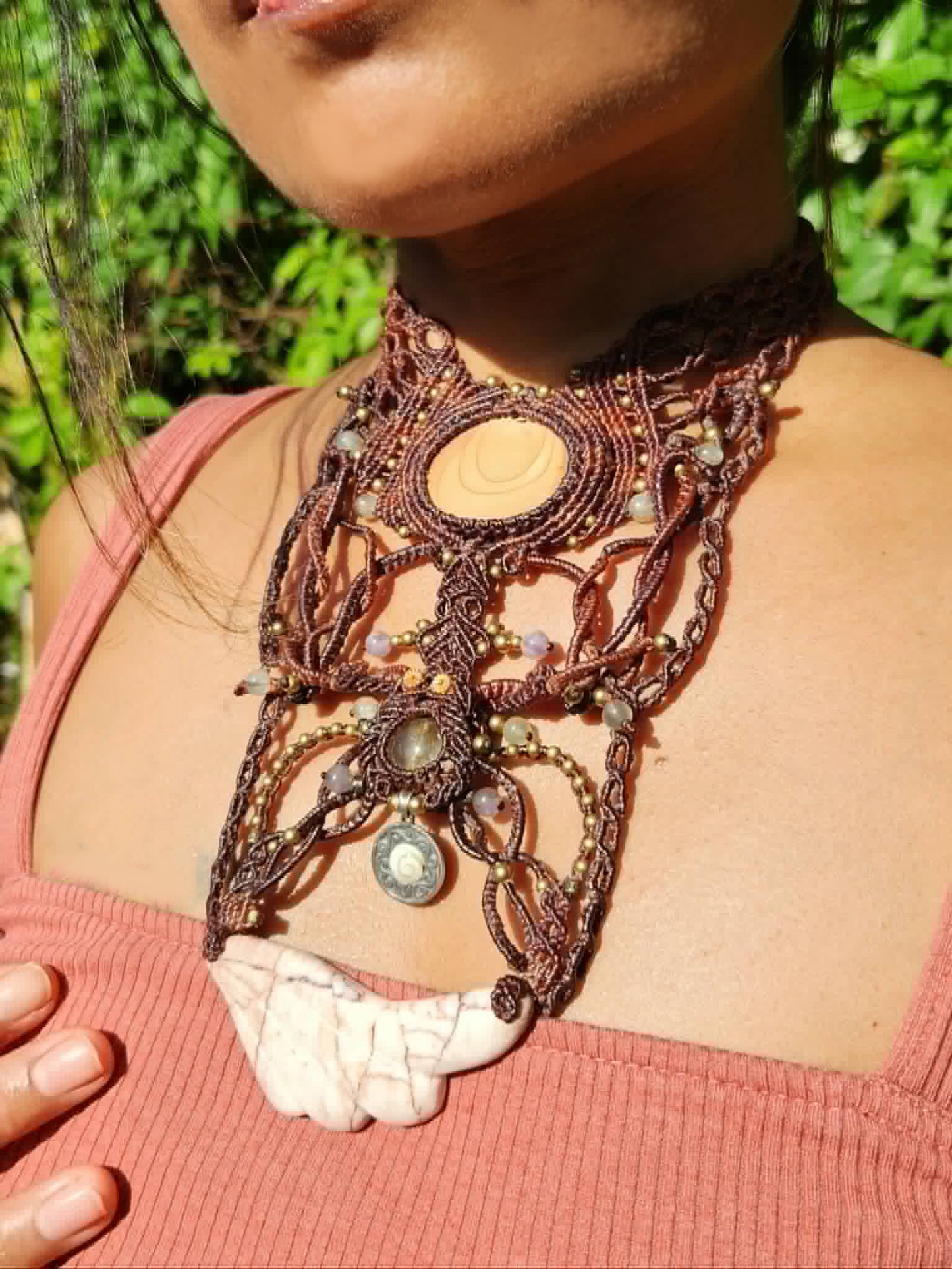 Jasper Necklace – Medicine Woman Angel Wing Talisman featuring micromacramé design and intricate knotwork.