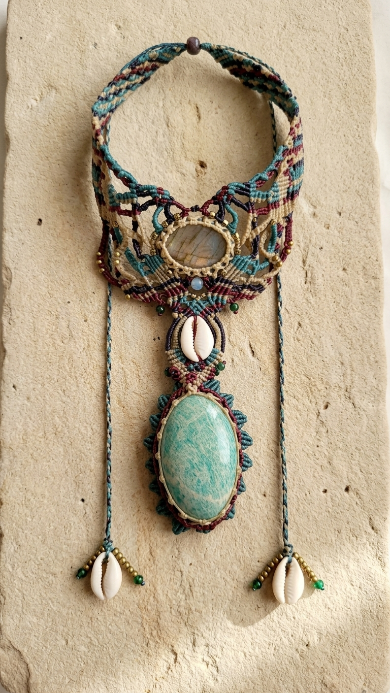 Amazonite Pendant Necklace featuring a large gemstone centerpiece and intricate micromacramé design.