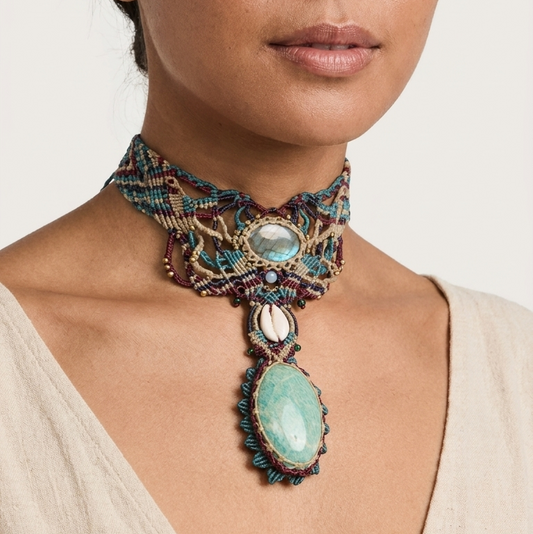 Amazonite Pendant Necklace featuring large natural Amazonite and intricate micromacramé choker design.
