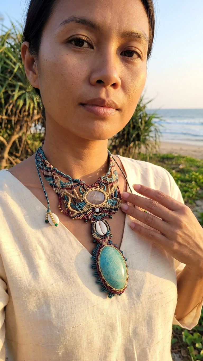 Amazonite Pendant Necklace worn by a model, featuring large natural Amazonite gemstone and intricate micromacramé design.