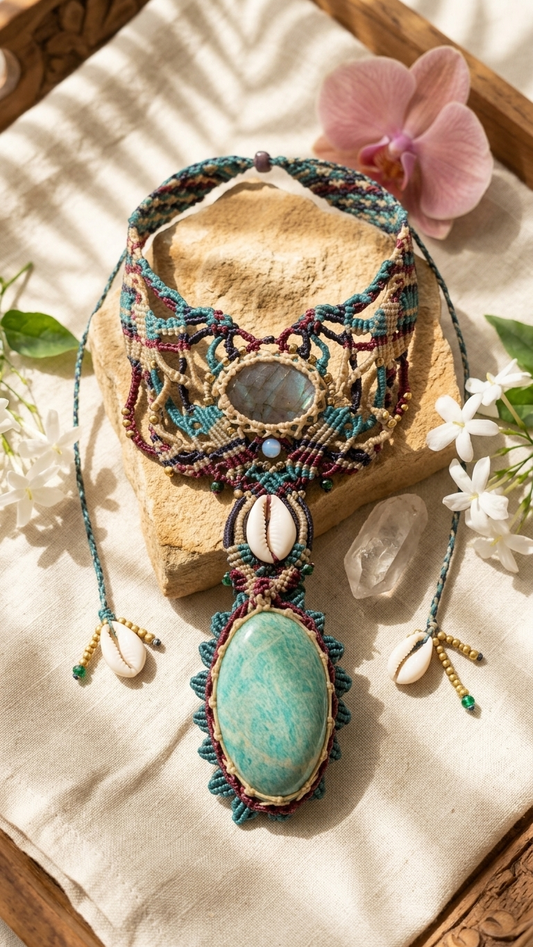 Amazonite Pendant Necklace featuring natural stones, intricate micromacramé, and cowrie shell accents.