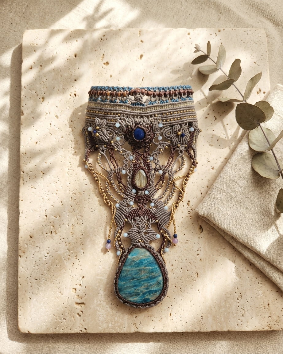 Apatite Pendant – Mediterranean Oracle Boho Luxe Choker featuring ornate micromacramé and natural apatite stone.