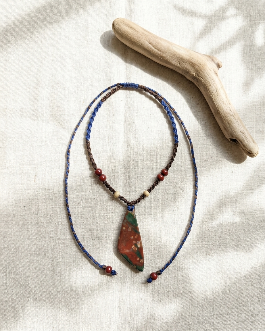 Bloodstone Pendant featuring natural dark red stone with blue accents on a minimalist macramé necklace.