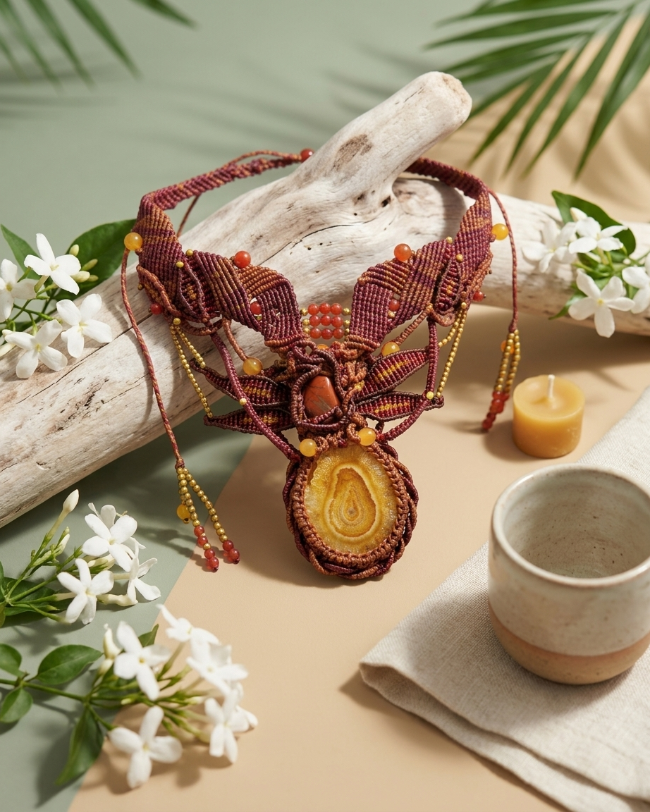 Agate Boho Necklace – Honey Stalactite Statement Choker with red carnelian beads and macramé design.