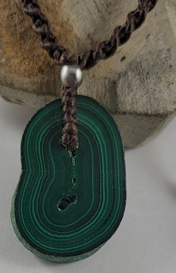Malachite Stalactite Pendant Necklace with dark brown toggle clasp