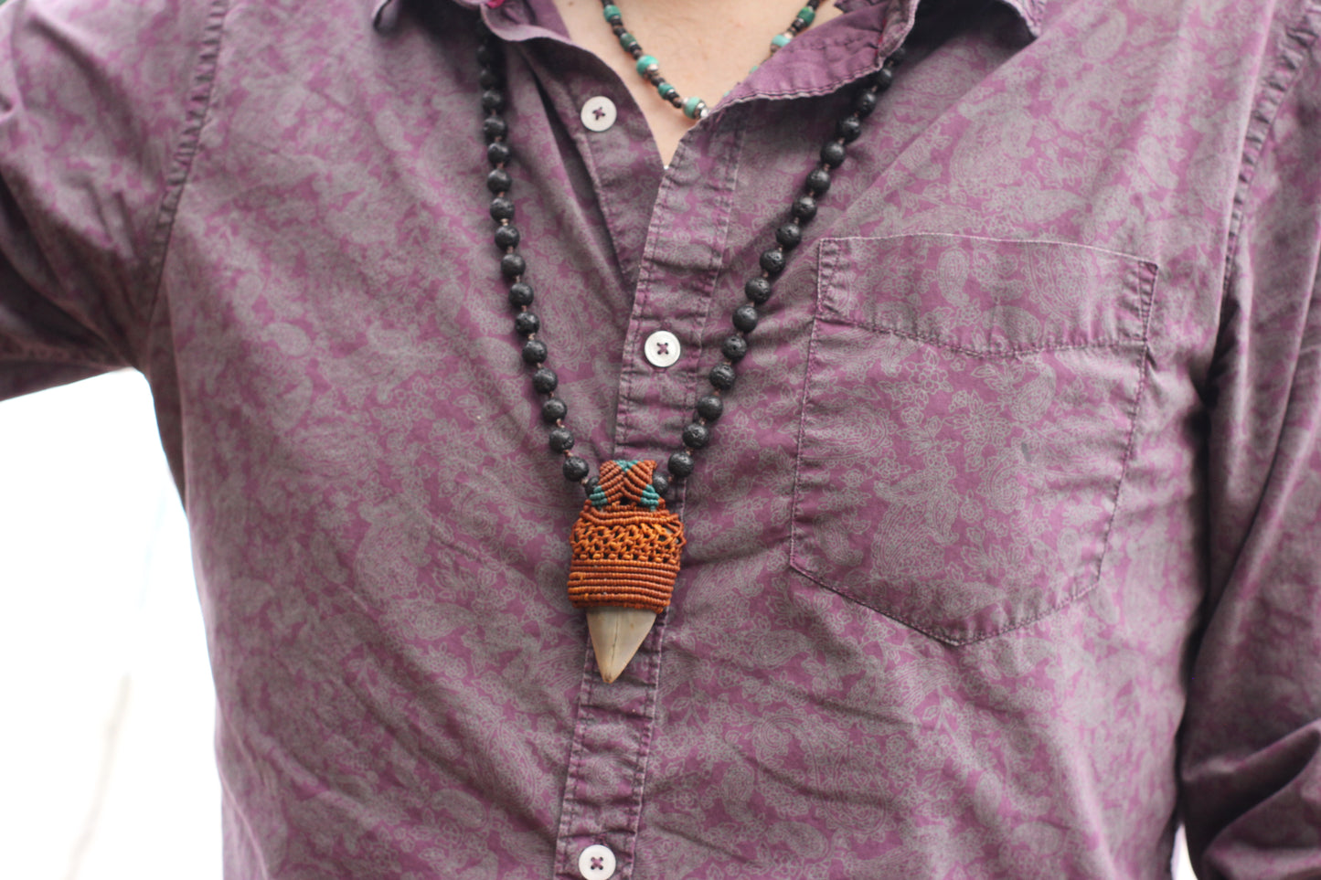 Fossil Shark Tooth Necklace with Black Lava Beads – Prehistoric Elegance and Conservation