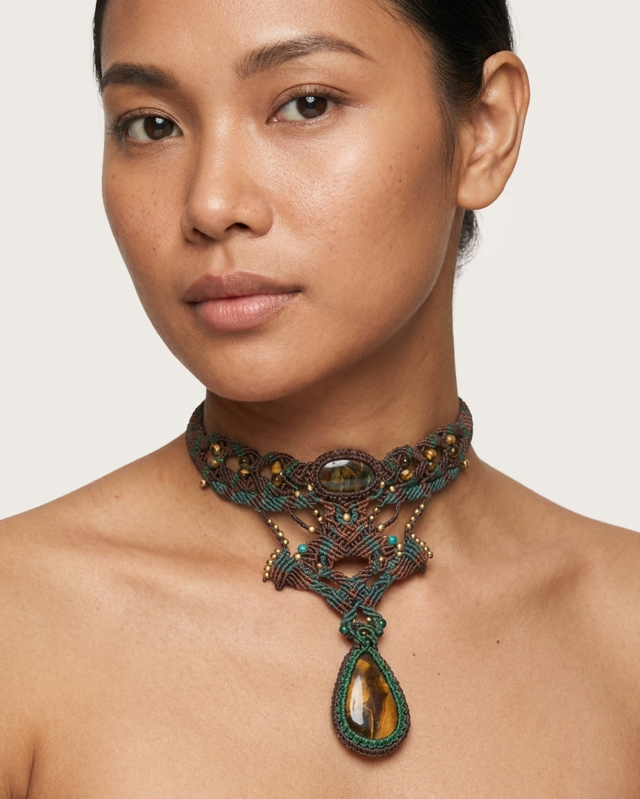 Iron Tiger's Eye Pendant showcased on a model, featuring intricate micromacramé and mixed stone details.