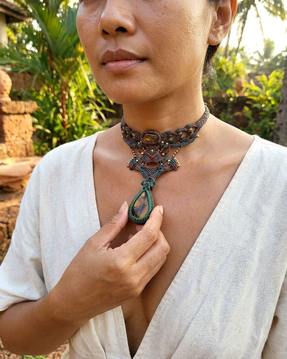 Iron Tiger's Eye Pendant worn as Twilight Garden Choker featuring micromacramé design and mixed stone accents.