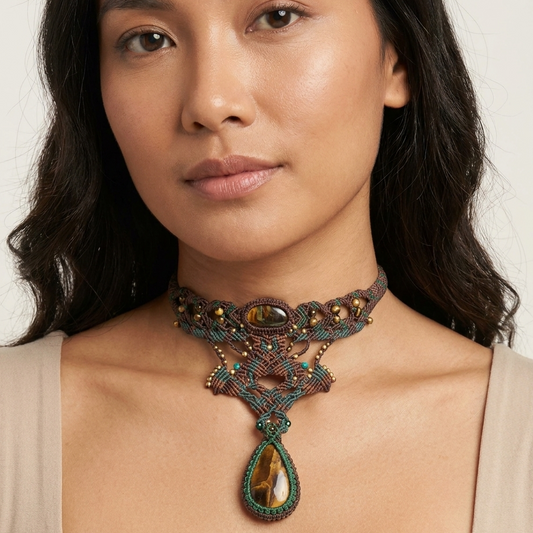 Iron Tiger's Eye Pendant – Twilight Garden Choker with micromacramé design and mixed stone beads.