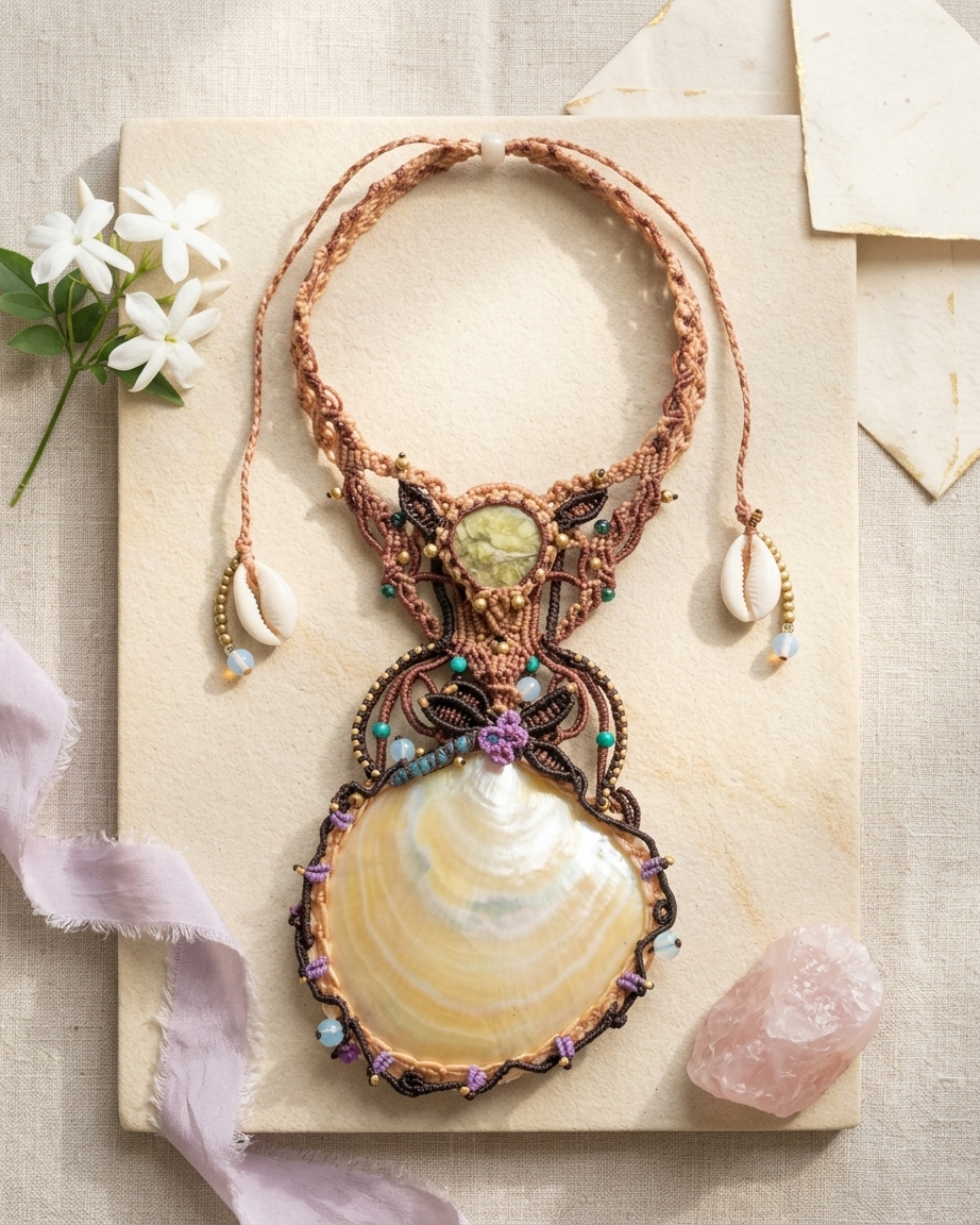 Mother of Pearl Shell Necklace featuring a large natural pendant and serpentine gemstone accents, beautifully handcrafted.