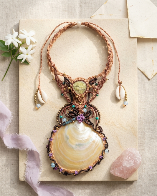 Mother of Pearl Shell Necklace featuring a large natural pendant and serpentine gemstone accents, beautifully handcrafted.