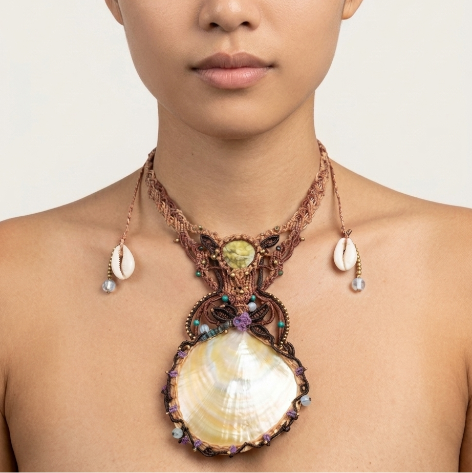 Mother of Pearl Shell Necklace – The Mariner’s Moon featuring a large pearlescent pendant and serpentine gemstone accents.