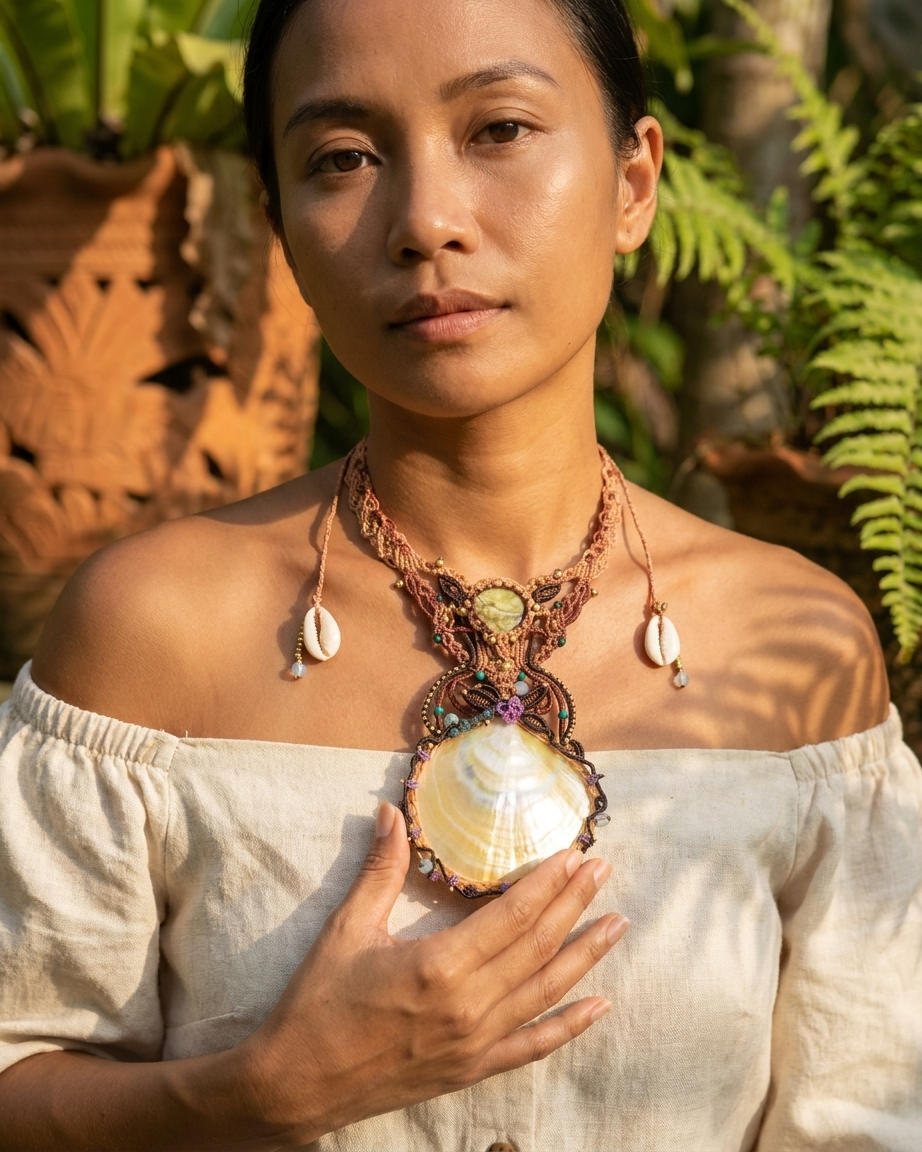 Mother of Pearl Shell necklace showcased on a model with natural elements in the background, highlighting its unique design and beauty.